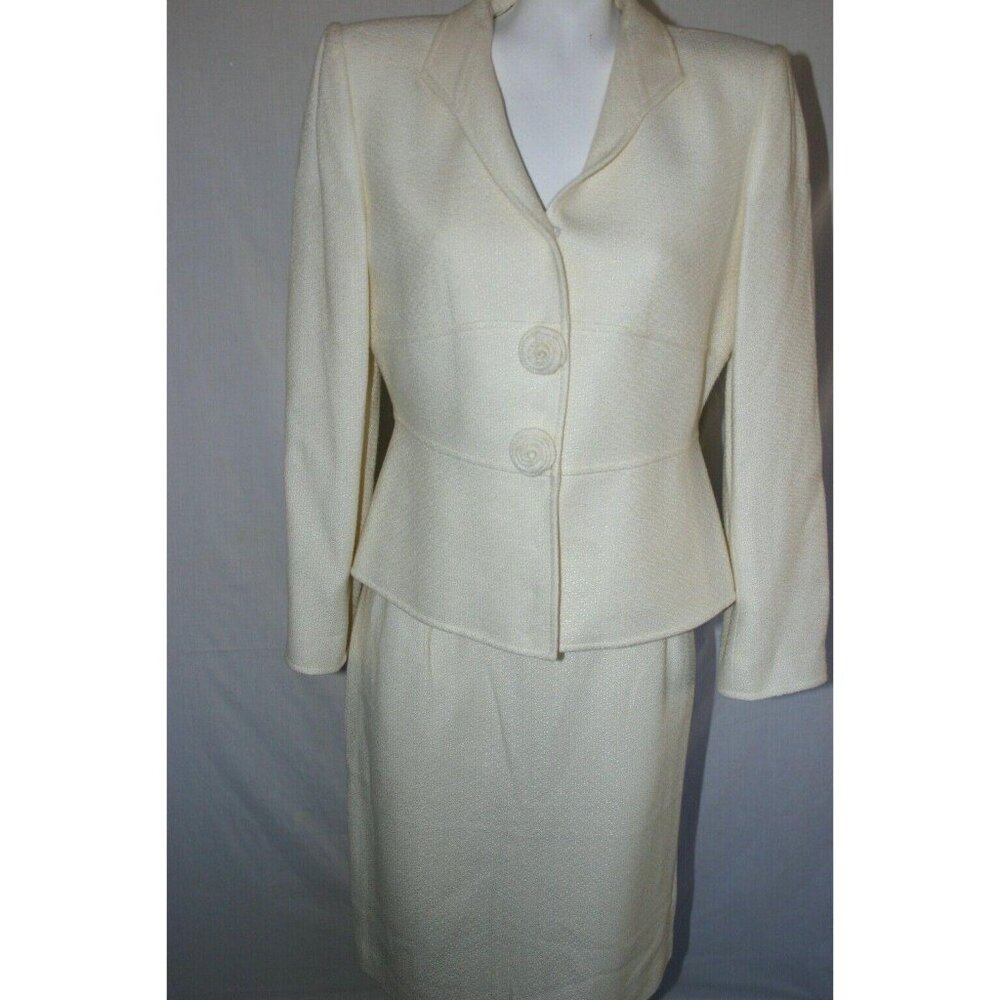 Tahari Womens Arthur Levine Ivory Cream Textured Suit Blazer Skirt Set Size 10P